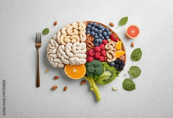 Fototapeta Creative arrangement of fruits, nuts, and vegetables shaped like a brain, symbolizing nutritious foods for brain health and function.
