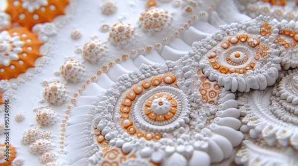 Fototapeta This artwork features a mesmerizing close-up of an octopus tentacle crafted from intricate fractals, highlighted with vibrant orange and white colors, set against a dark background