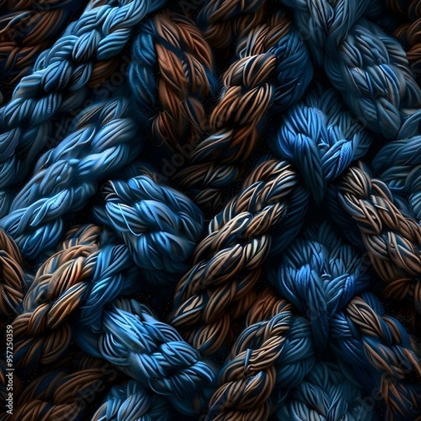 Obraz Twisted nautical ropes in deep blue and brown colors create an abstract pattern perfect for marine themes, textile design, and background art. Macro photography highlights texture.