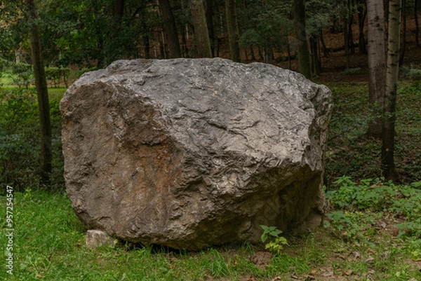 Fototapeta A large rock in the middle of the forest in a zoo in Slovakia