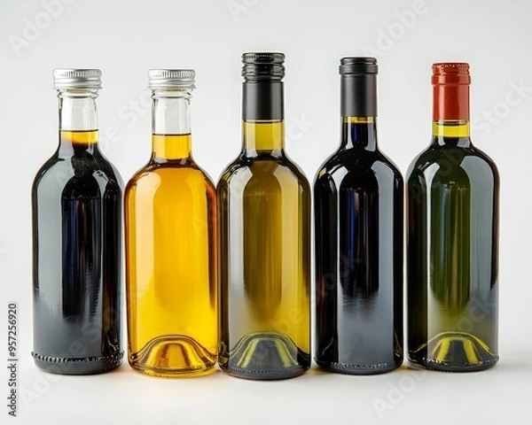 Fototapeta Five Bottles of Wine a Row of Colors Sunlight Reflects in Glass White Background Bottle Mockup