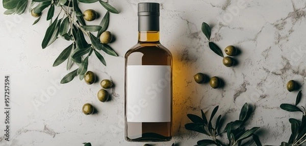 Obraz Olive Oil Bottle Mockup Flatlay with White Label Green Branches and Olives on Marble Background Bottle Mockup