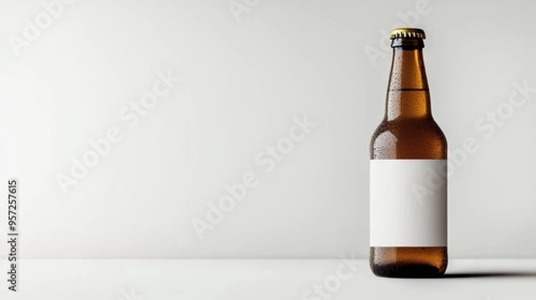 Obraz Blank Label on Brown Beer Bottle with Water Droplets on a White Background Bottle Mockup