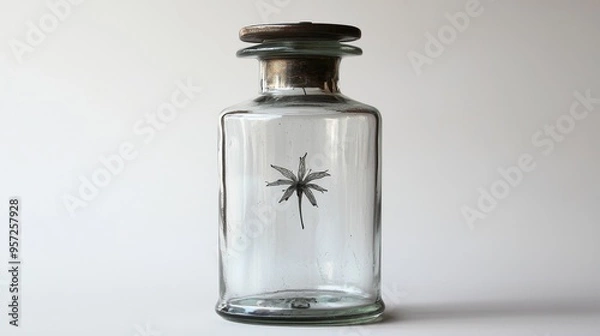 Fototapeta Minimalist Composition Glass Bottle with a Delicate InkDrawn Flower in the Center White Background Bottle Mockup