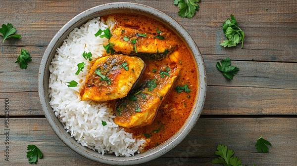 Fototapeta Top view of fish curry with rice in bowl 