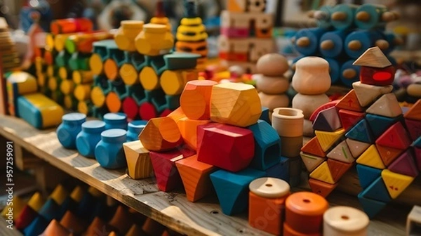 Fototapeta Toys items and vibrant instructive building pieces toys and an active surface