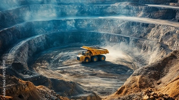 Obraz Work of heavy equipment in an open pit for gold ore mining, soft focus