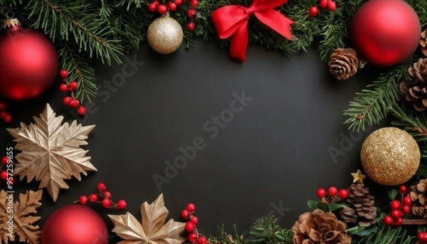 Fototapeta Christmas decorations and gifts as frame, top view with blank space, background for new year celebrations, winter fairy tale