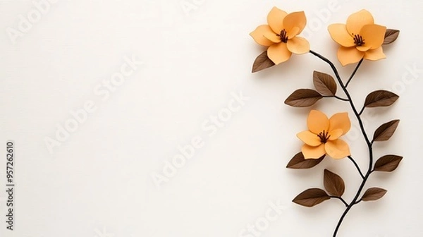 Fototapeta Set against a white backdrop, a paintbrush adorned with autumn flowers and leaves showcases the essence of seasonal artistry in a serene composition