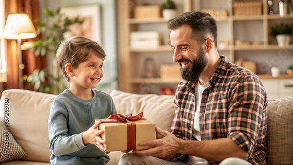 Obraz father and son with gift box sitting on sofa in living room at home