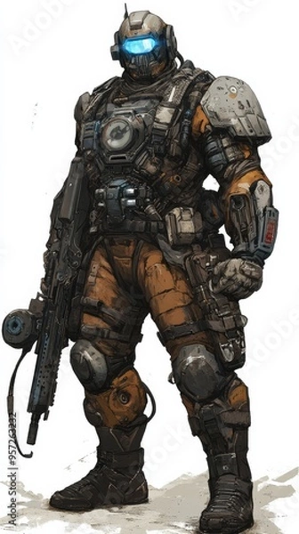 Fototapeta supeheroic game character design concept featuring powerful warrior in futuristic armor against a stunning fantasy landscape