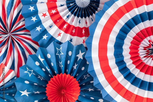 Fototapeta 4th of July background, USA Presidents Day, Independence Day, Memorial day, US election concept. Red white and blue paper fans with stars confetti. Flat lay, top view, banner