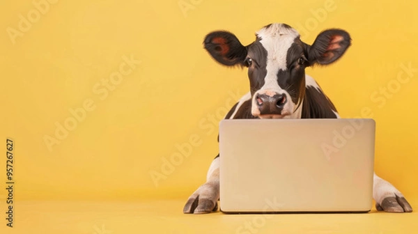 Fototapeta A playful cow using a laptop against a vibrant yellow background, showcasing a humorous take on modern technology.