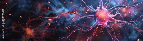 Obraz A neuron with dendrites and axon visibly transmitting electrical signals, set against a dark microscopic background