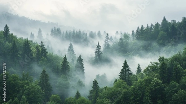 Fototapeta Morning mist rolling through a dense forest, foggy weather, mysterious ambiance