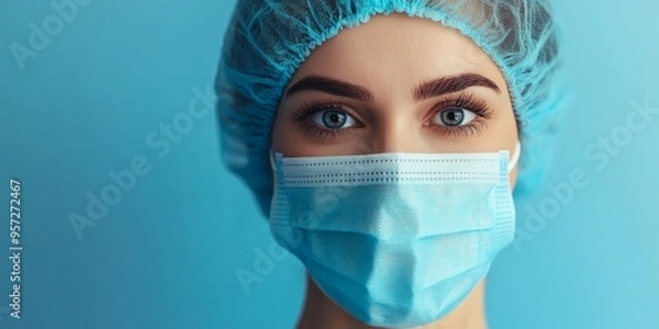 Obraz Medical professional adjusting blue face mask, emphasizing hygiene