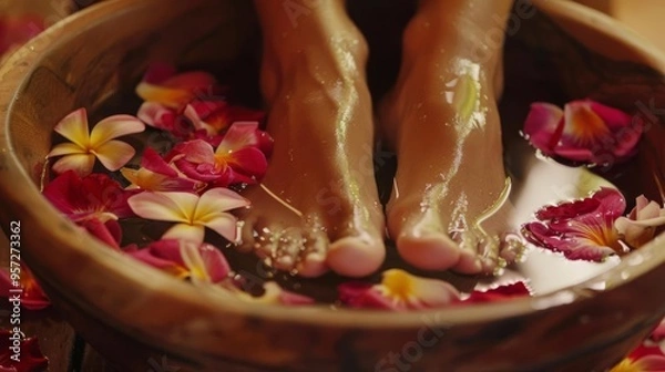 Obraz Closeup of a persons feet soaking in a wooden bowl filled with warm water and flower petals