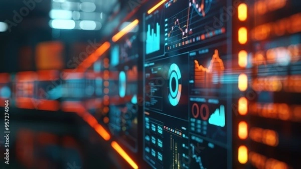 Fototapeta Futuristic data visualization display with vibrant graphs and metrics, ideal for technology and business themes.