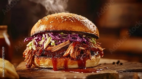 Fototapeta Juicy pulled pork sandwich with coleslaw, dripping barbecue sauce, soft brioche bun, smoky background.