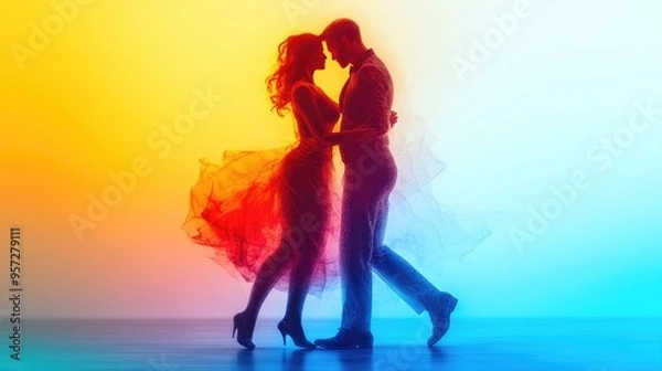 Fototapeta Silhouetted Couple Dancing in Colorful Light Abstract Digital Art Romantic Dance