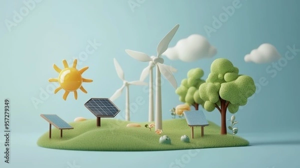 Fototapeta A vibrant, playful landscape featuring wind turbines, solar panels, and trees under a sunny sky, representing renewable energy.