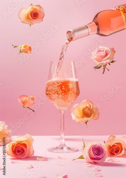 Obraz A rose wine bottle pouring into a glass  against a pastel pink background with roses floating around. Minimal party concept.
