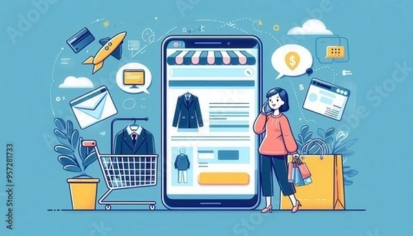 Obraz A vibrant illustration of e-commerce shopping, showcasing a woman interacting with a mobile app, surrounded by shopping icons and elements.