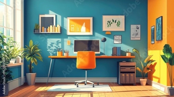 Fototapeta Modern Home Office with Bright Color Scheme, Minimalist Design, and Indoor Plants