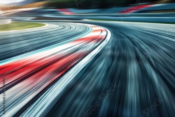 Fototapeta A blurred image of a race track with a red and white line, generative ai image