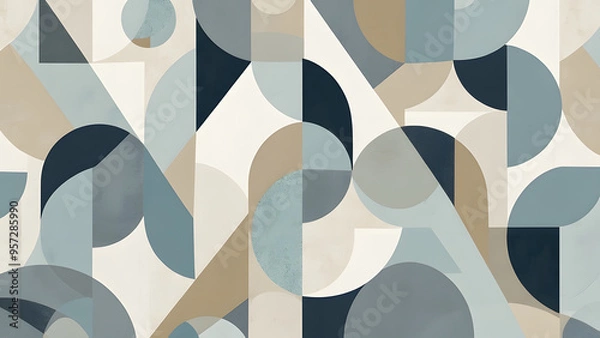 Obraz Abstract Geometric Pattern with Overlapping Circles, Semi-Circles, Rectangles, and Irregular Shapes in Muted Tones of Blue, Beige, Gray, and White, Creating a Cohesive and Complex Design.
