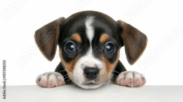 Obraz Curious Puppy. Adorable Tricolor Puppy Gazing with Big Eyes Over a White Background, Studio Shot.