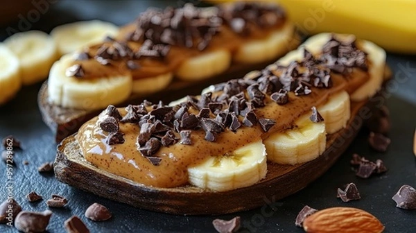 Obraz Banana slices topped with almond butter and cacao nibs, vegan snack, sweet and rich in antioxidants.
