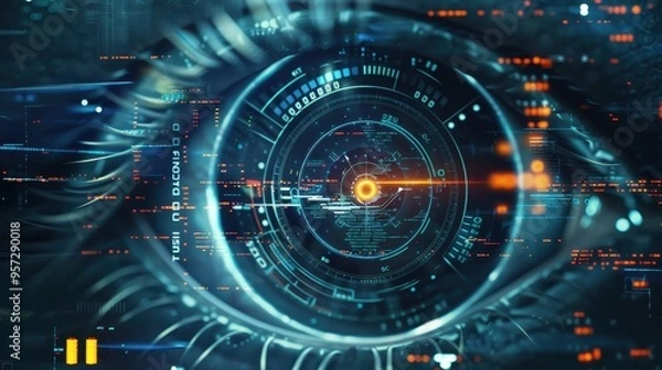 Fototapeta Futuristic digital eye concept with high-tech interface overlay, representing advanced technology and innovation in visual computing.
