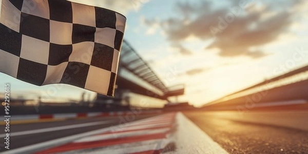 Fototapeta A checkered flag is being waved from a gantry above the track, with a racing track in the background
