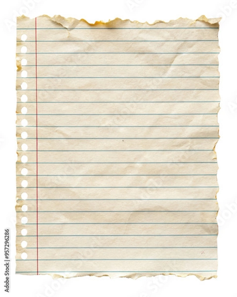 Fototapeta Torn vintage lined notebook paper with distressed edges and a textured surface, perfect for scrapbooking, background designs, or creative projects. Isolated on transparent background, png.
