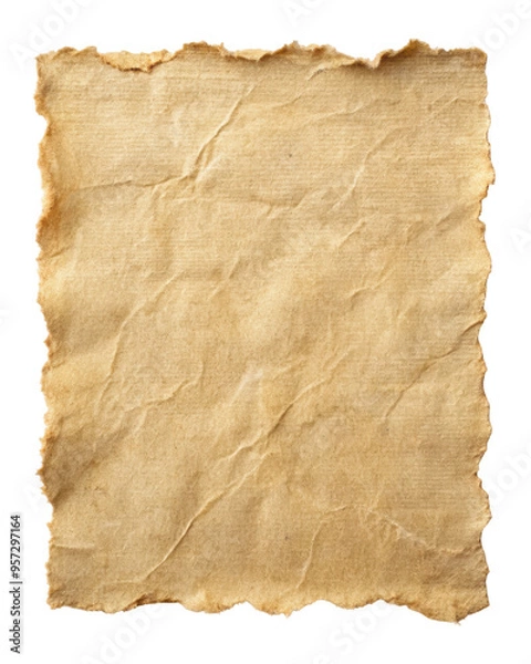 Fototapeta Aged parchment paper with rough, torn edges, showcasing a vintage and worn appearance. Ideal for antique-themed projects, crafts, or historical documents. Isolated on transparent background, png.