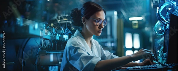 Fototapeta Robotics engineer using computer or laptop. robotic and digital manufacturing operation technology. copy space for text.