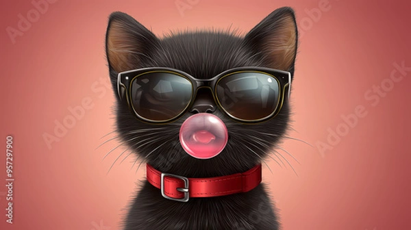 Fototapeta A cool black cat with sunglasses and a red collar.
