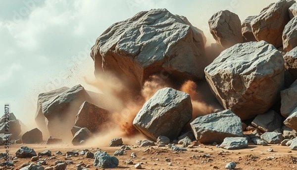 Fototapeta Massive rocks crashing into the ground with dust.