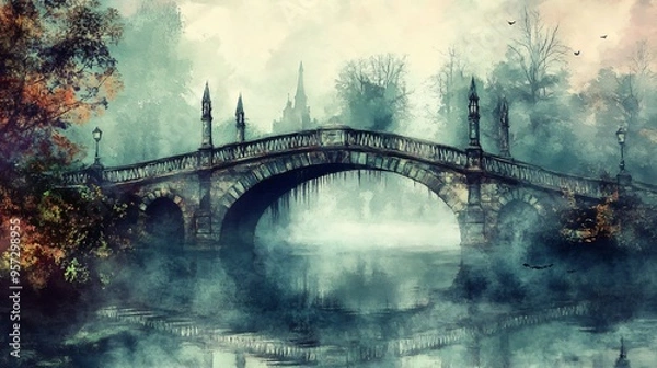 Obraz Gothic bridge, spanning a misty river, Watercolor style