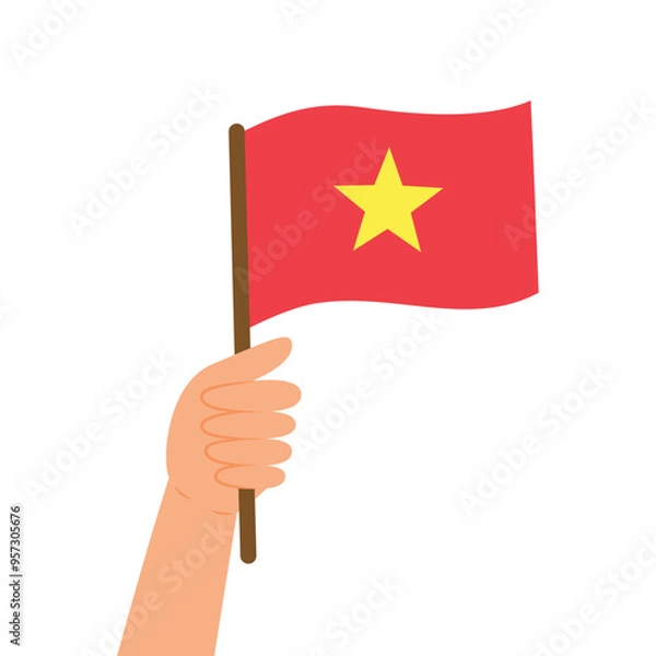 Obraz Hand holding a flag of Vietnam. Vector illustration of the Vietnamese flag in flat style isolated on white background.