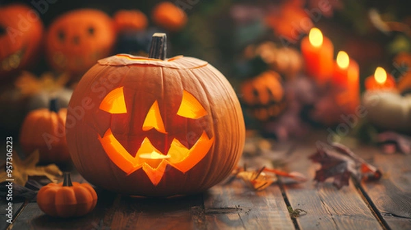 Obraz Glowing jack-o'-lantern on a wooden table with autumnal decorations.