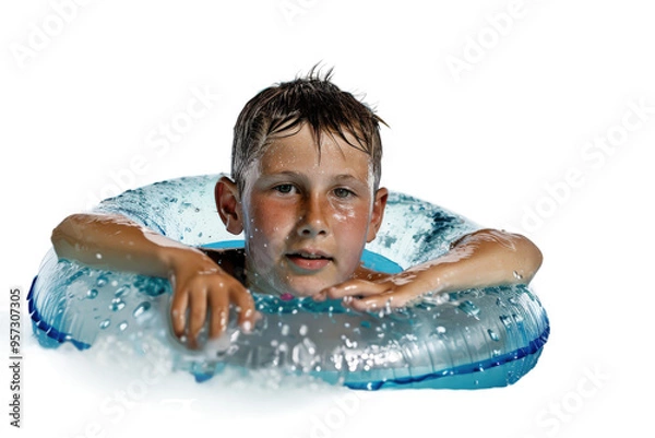 Obraz Young boy swimming with a colorful tube in a pool