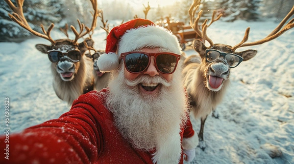 Fototapeta Funny santa claus grandpa making selfie with his reindeer modern lifestyle illustration, Merry Christmas