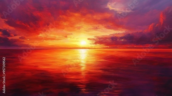 Fototapeta A dramatic sunset with deep red and orange hues painting the sky, reflecting off calm waters, capturing the breathtaking beauty of nature's red spectrum.