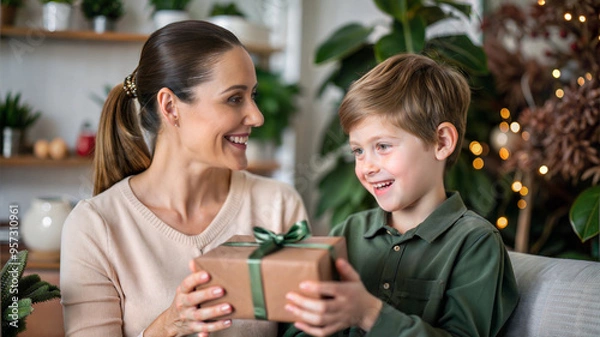 Obraz Portrait of smiling mother and son looking at each other and holding gift box.