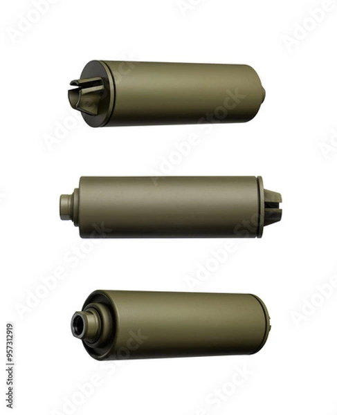 Fototapeta Khaki silencer for weapons. Suppressor that is at the end of an assault rifle. Isolate on a white back.
