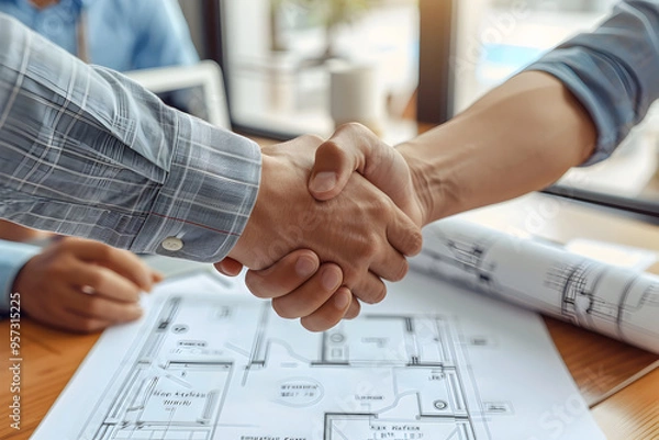 Fototapeta Real Estate Agent Shakes Hands with Clients Over Signed Agreement in Modern Office with Property Blueprints and Laptop