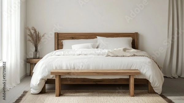 Fototapeta A serene bedroom with a wooden bed frame, crisp white bedding, and a minimalist wooden bench at the foot of the bed