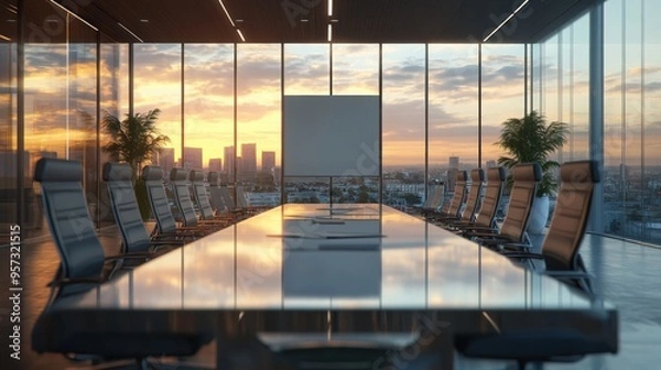 Fototapeta A 3D render of a blank flyer on a glass table in a high-end office